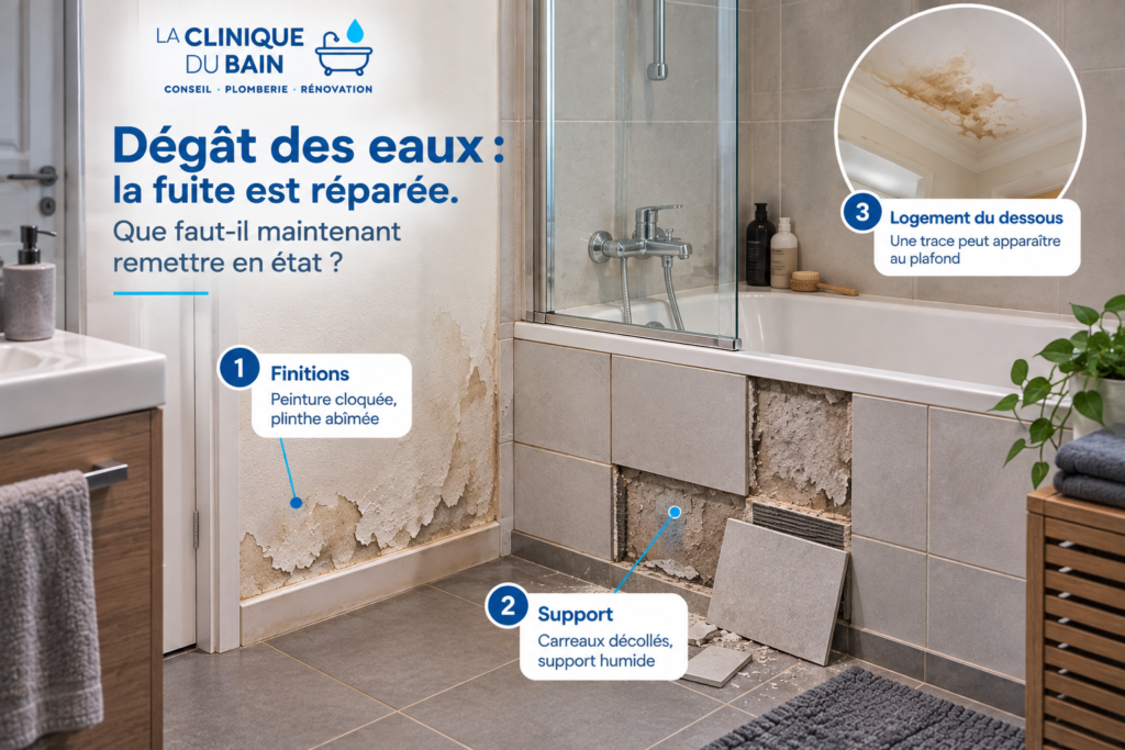 Salle de bain après un dégât des eaux avec peinture cloquée, carreaux décollés sous la baignoire et support humide à remettre en état