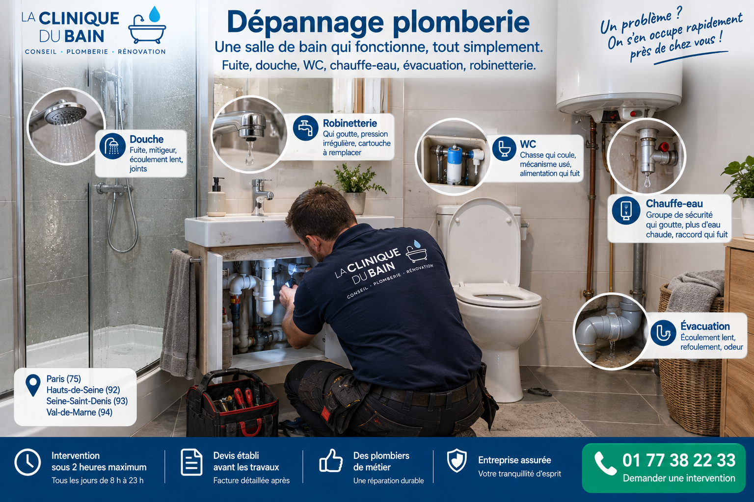 Plombier intervenant sous le lavabo d'une salle de bain, avec les points de dépannage repérés : douche, robinetterie, WC, chauffe-eau et évacuation