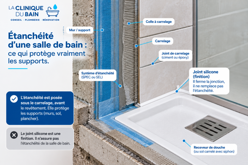 Coupe technique d’une douche montrant le support, le système d’étanchéité sous carrelage, la colle, le carrelage et le joint silicone de finition