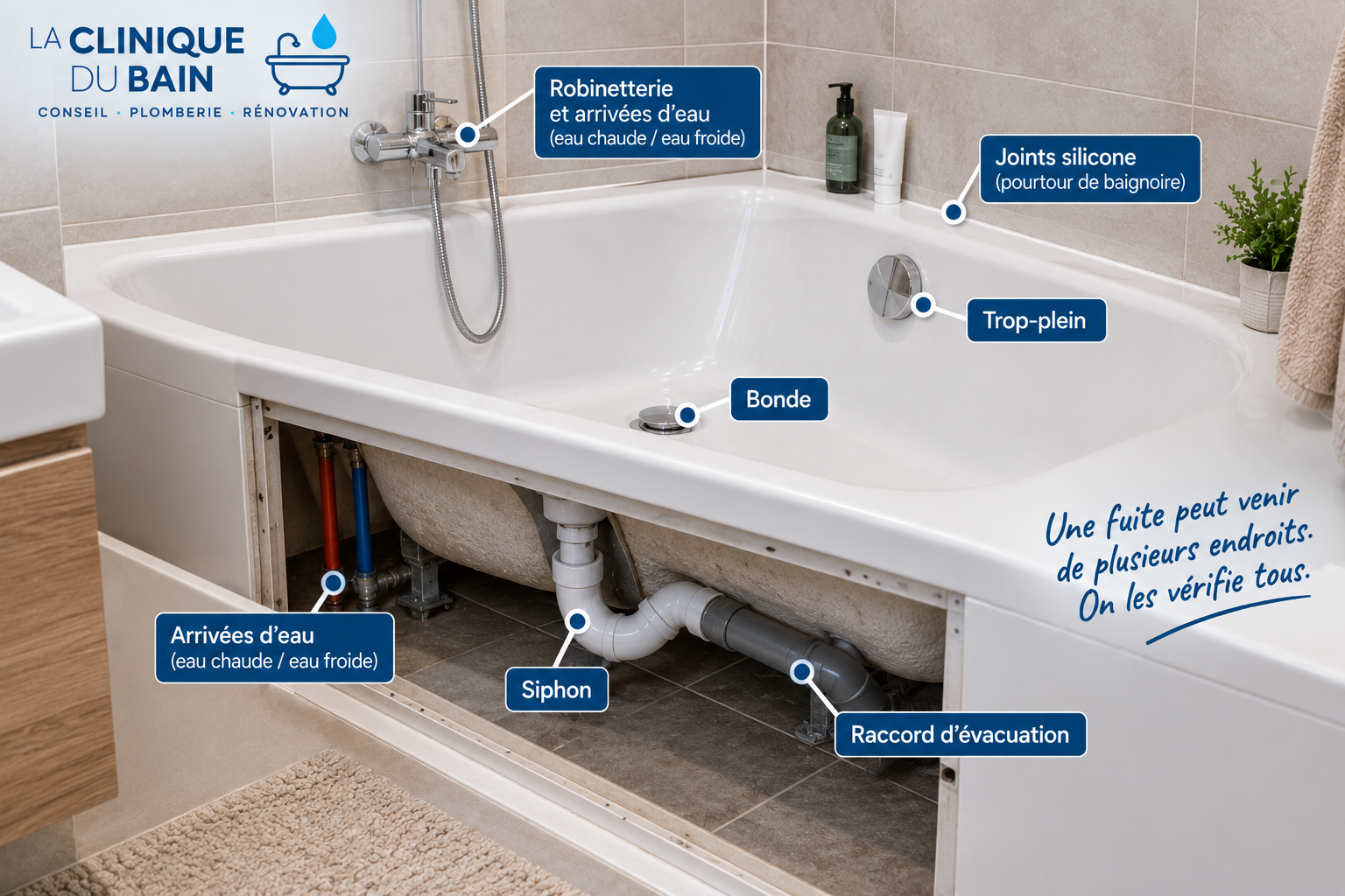 Schéma des principales origines d'une fuite de baignoire : robinetterie, arrivées d'eau, joints silicone, trop-plein, bonde, siphon et évacuation