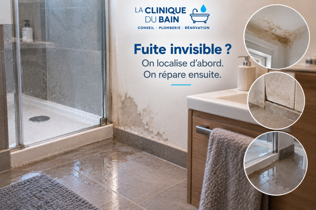 Salle de bain avec traces d’humidité, peinture abîmée et eau au sol illustrant une fuite invisible à localiser avant réparation
