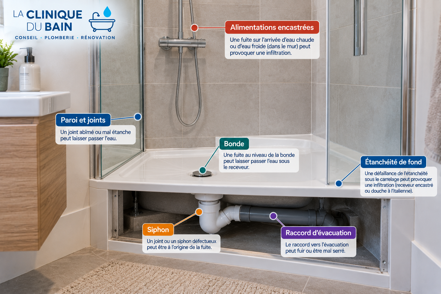 Schéma des principales origines d'une fuite sous une douche : joints, alimentations encastrées, bonde, siphon, raccord d'évacuation et étanchéité