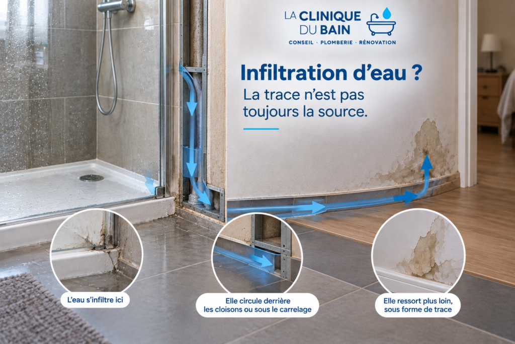 Schéma d’une infiltration d’eau dans une salle de bain montrant que l’eau peut circuler derrière une cloison ou sous le carrelage avant de ressortir plus loin