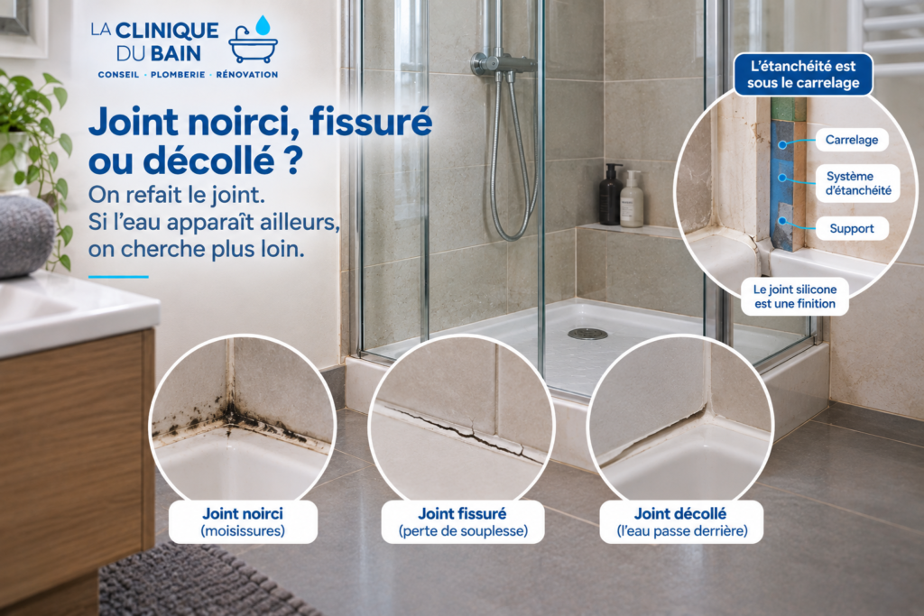 Exemples de joints de salle de bain noircis, fissurés ou décollés avec rappel que l’étanchéité principale se trouve sous le carrelage