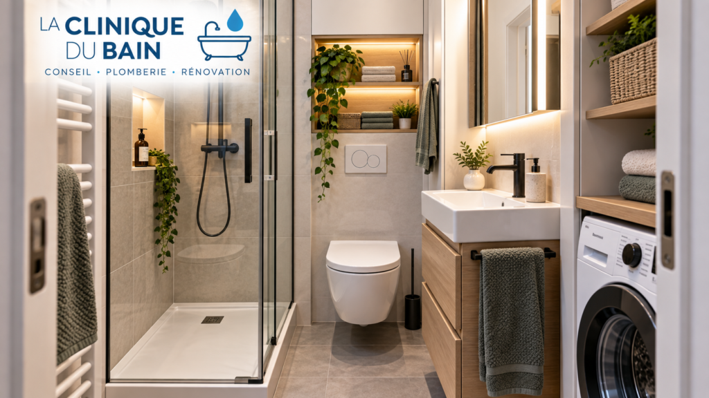 Petite salle de bain optimisée avec douche, WC suspendu, meuble vasque et lave-linge