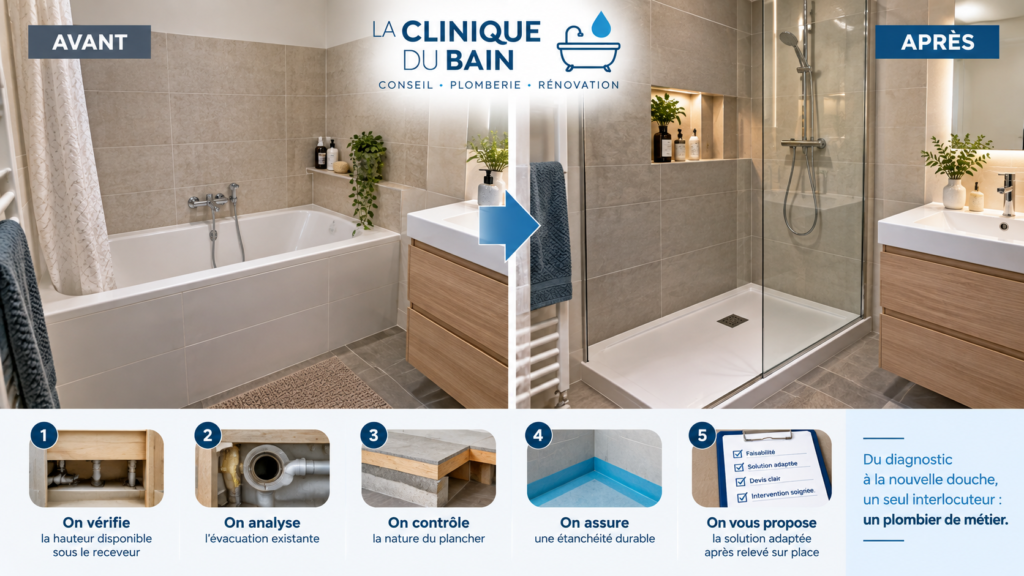 Avant-après d’un remplacement de baignoire par une douche avec vérification de l’évacuation et de la hauteur du receveur